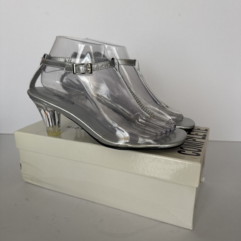 Midnight Velvet Marnie Sandals Silver Jeweled Clear Heel Clear Toe Womens 8 Wide